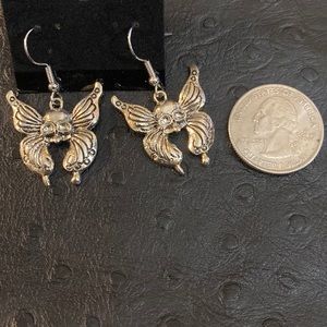 SILVER SKULL BUTTERFLY DANGLING EARRINGS